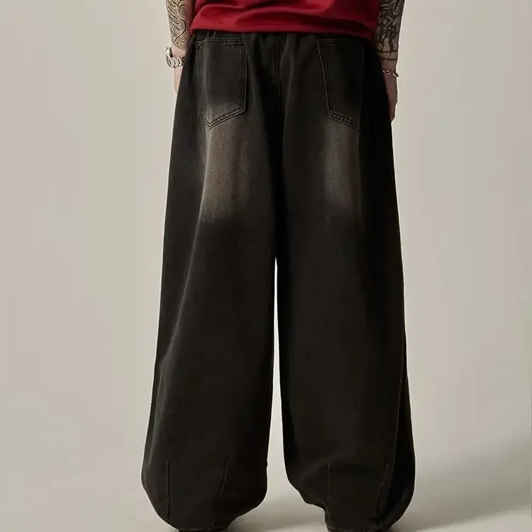 Japanese Vintage Distressed Jeans Loose Straight Leg Bell Bottoms Casual Trousers Trendy Brand High Street Style