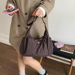 Korean Nylon Shoulder Bag Simple Plaid Zipper Tote Bag Drawstring Pleated Cloud Bag Commuter Crossbody Shoulder Bag