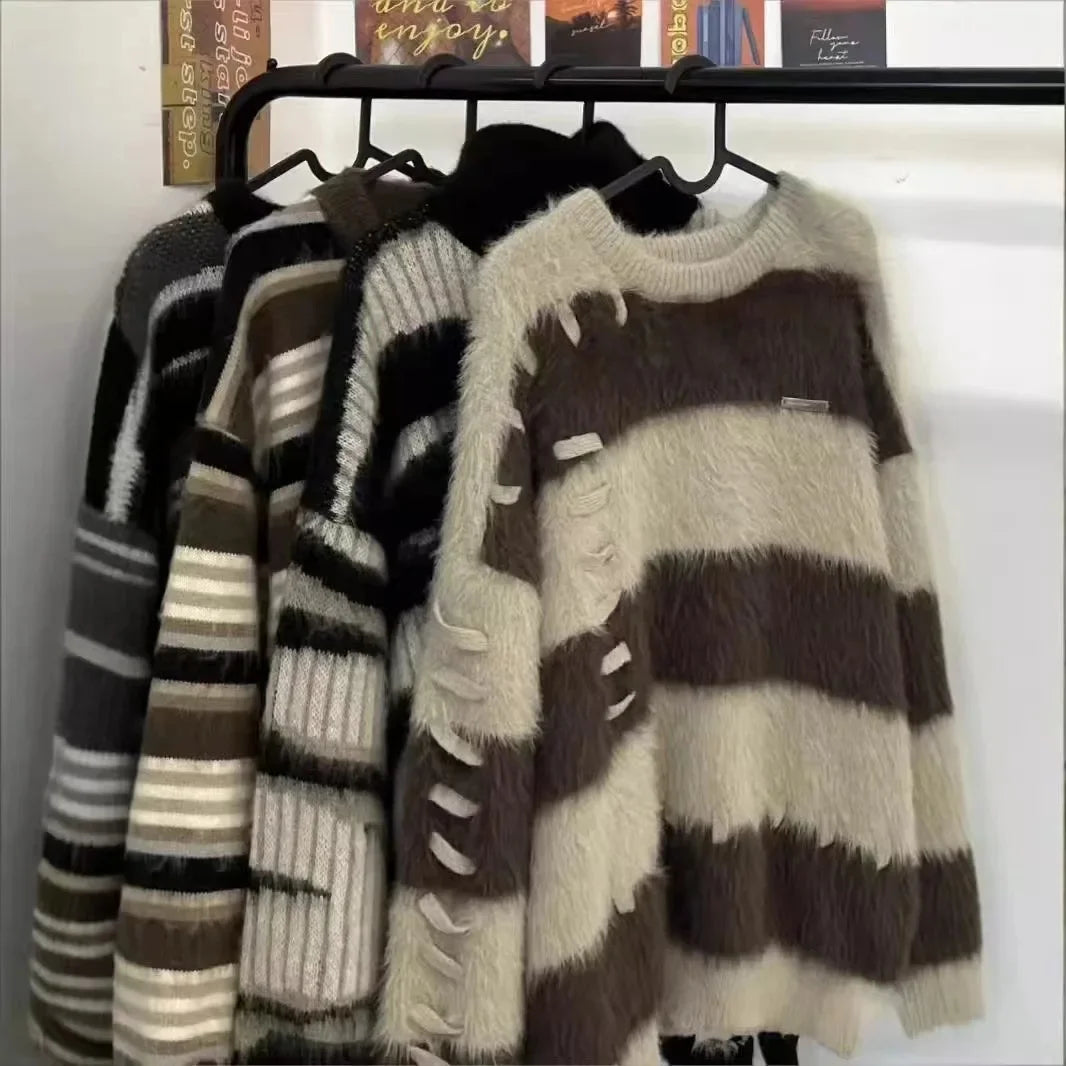 Soft Faux Mink Stripe Color Block Sweater Loose Design Lazy Style Knitted Top Thick Suitable