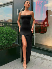 Bodycon Dress Lady Spaghetti Strap Sleeve Split Solid Color Sheath Dress Vestidos