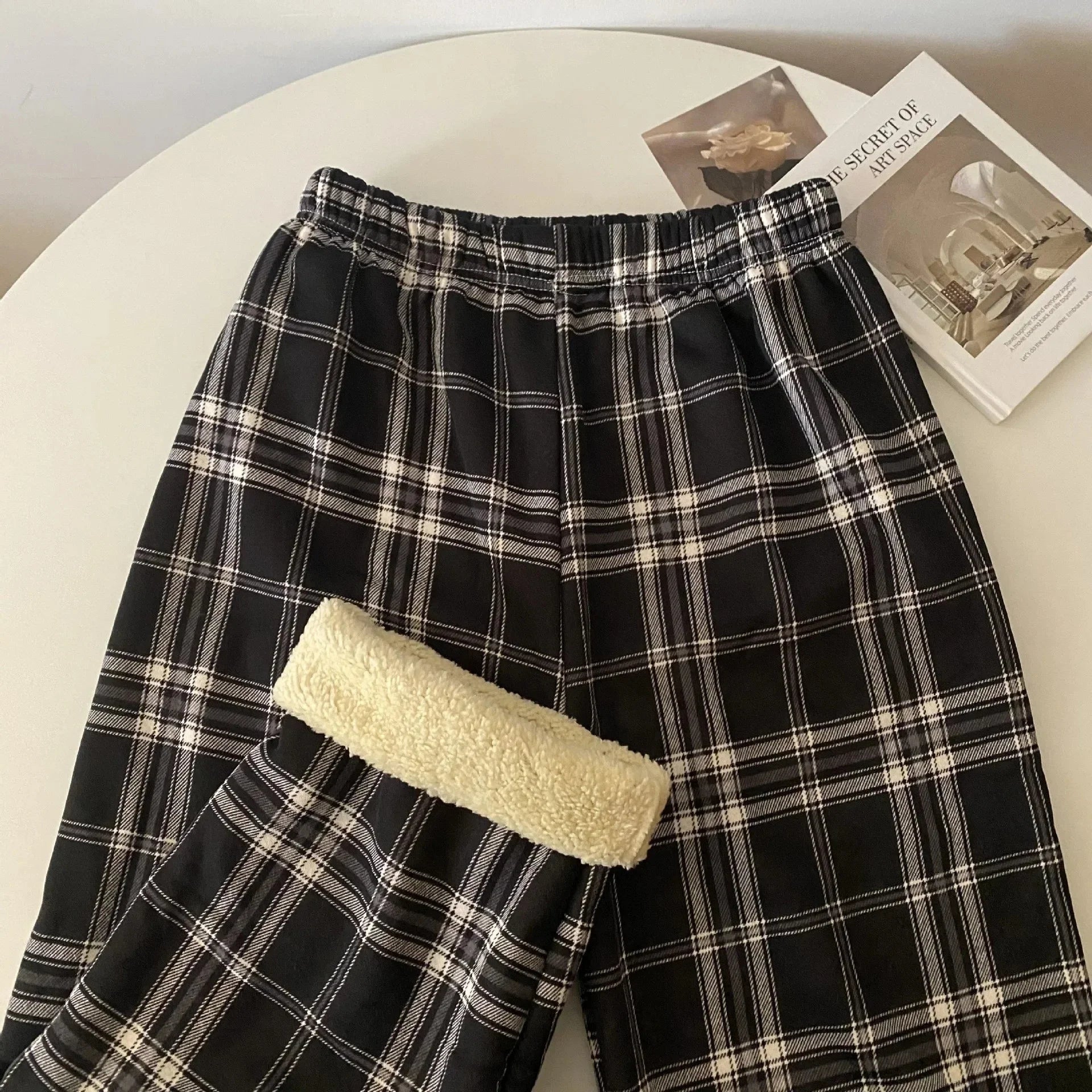 High Waist Fleece Lined Wide Leg Pants Comfortable Casual Korean Style Home Wear Slimming Trousers