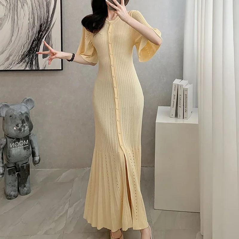 French Elegant Fragrance High-end Slimming Knitted Mermaid Dress Hollow Slimming Fish Tail Knit Dress