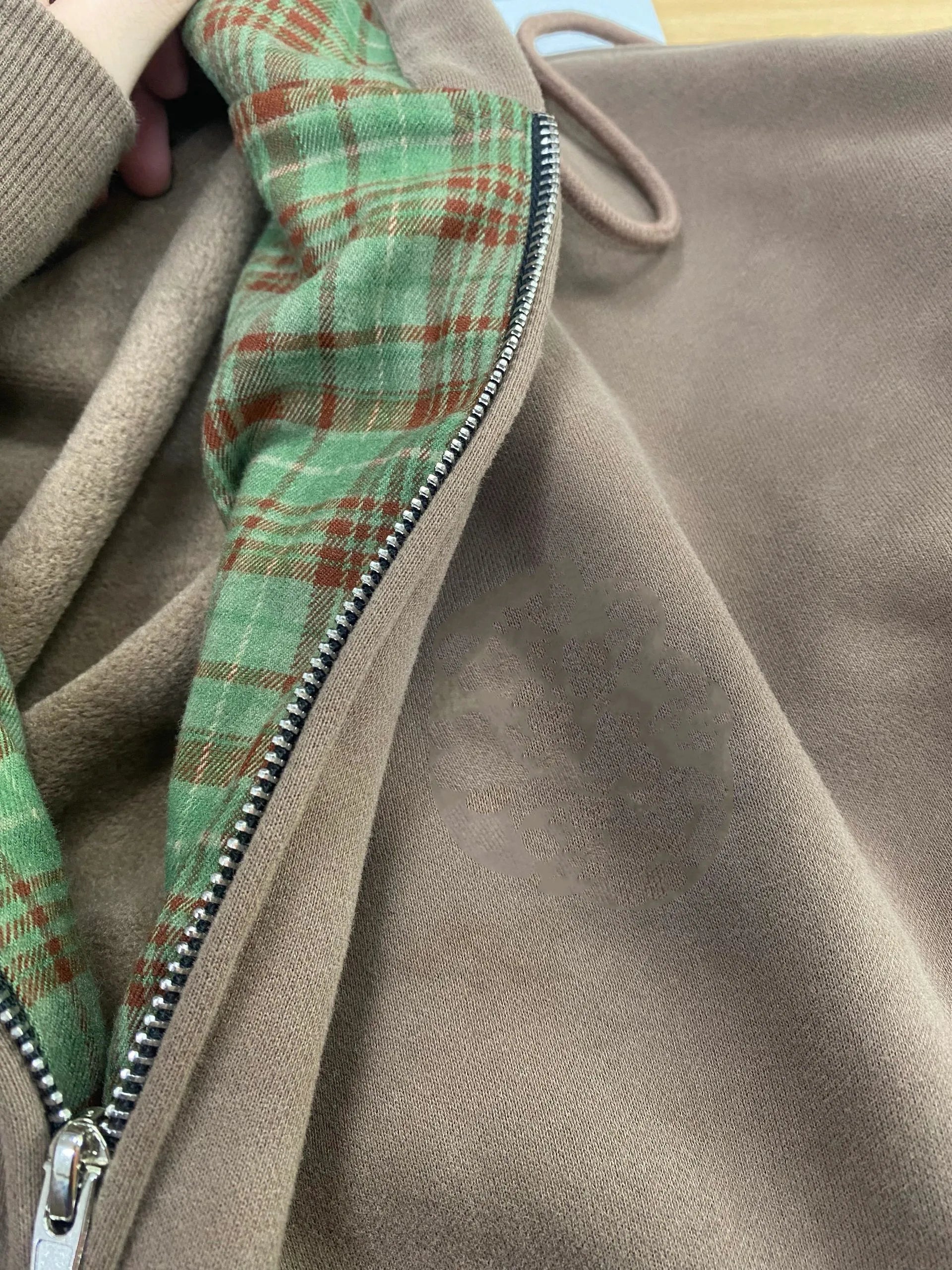 American Retro Brown Checkered Hooded Sweatshirt Casual Cardigan Jacket Trendy Long Sleeved Loose Outwear