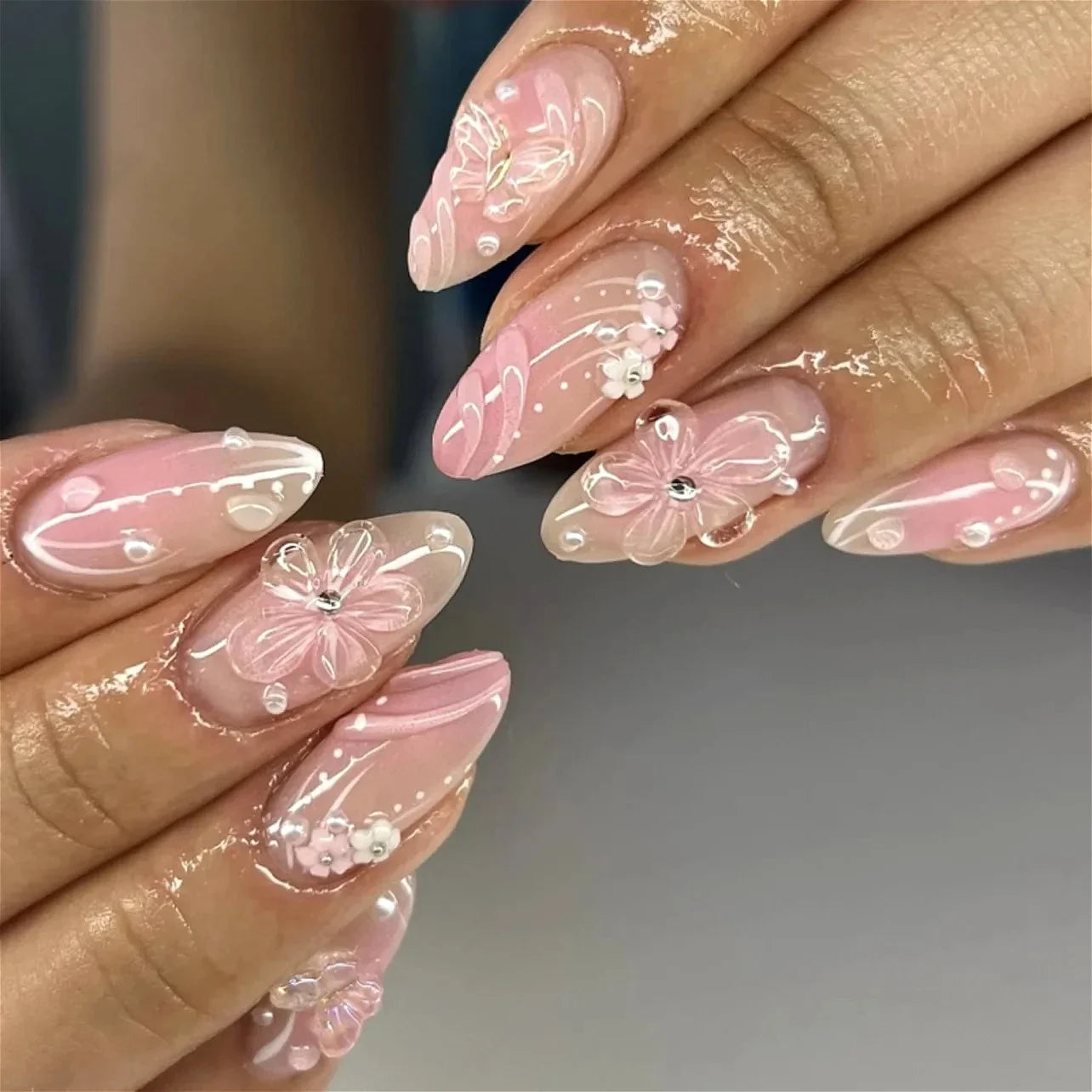 Pink Yellow Halo Dyeing Flower Water Ripple False Nails Leopard Long Pointed Fake Nails Art Press on Nails Charm Manicure
