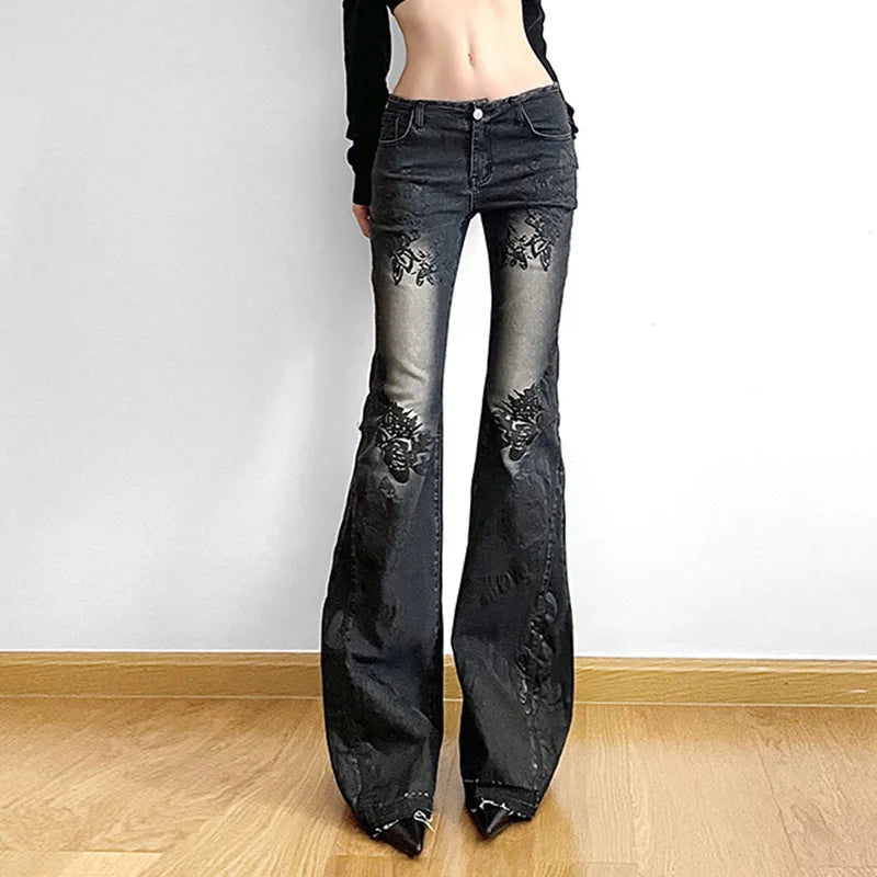 Jeans American Retro Street Style Plant Print Washed Vintage Low-Rise Flare Pants Trendy Versatile