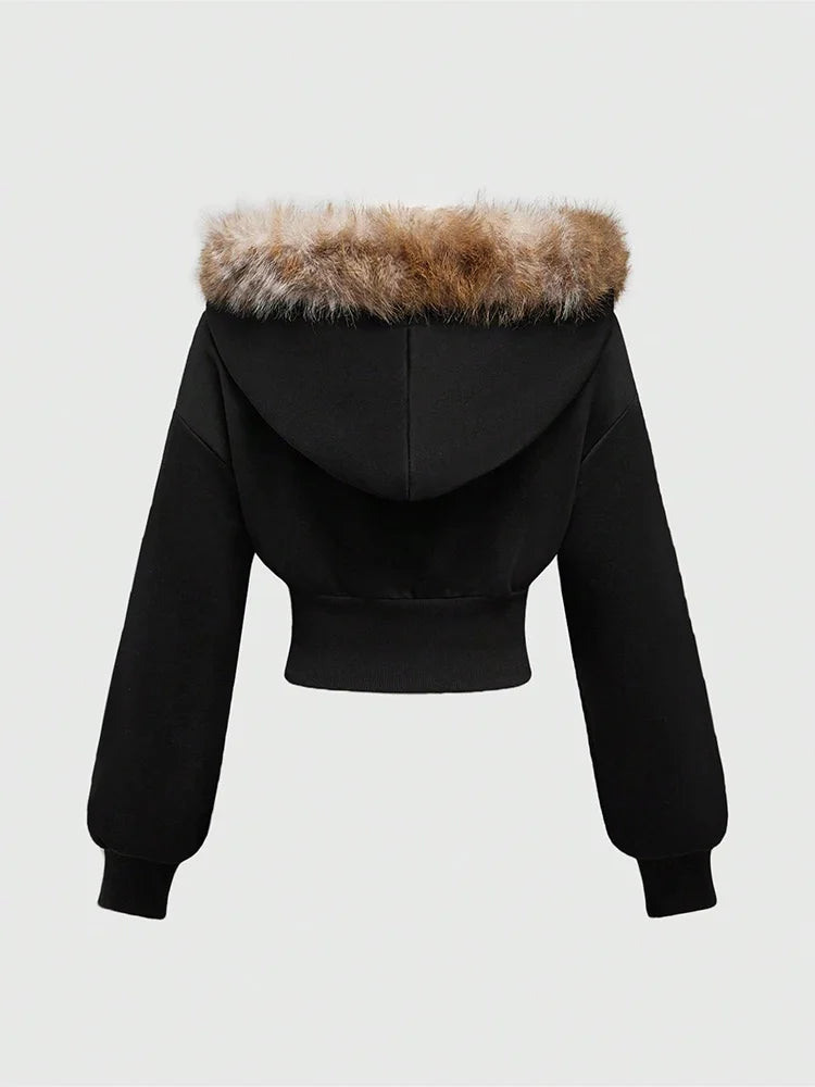 Warm Gothic Print Hoodie Faux Fur Crop Top Zip-Up Sweatshirt Y2K Streetwear Hooded Jacket New