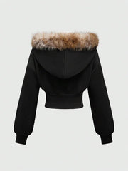 Warm Gothic Print Hoodie Faux Fur Crop Top Zip-Up Sweatshirt Y2K Streetwear Hooded Jacket New