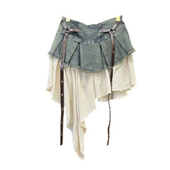 Retro Spliced Denim Pleated Skirt