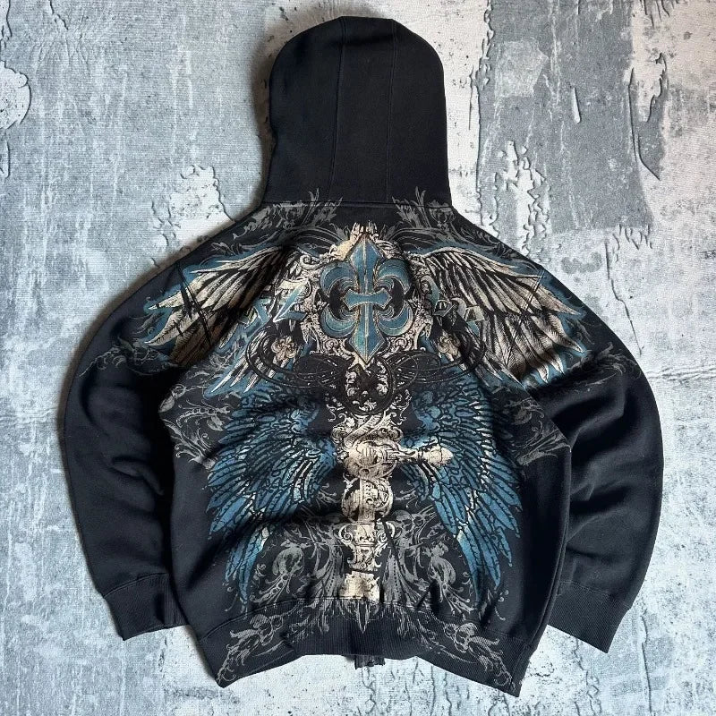Gothic Oversized Letter Printed Zipper Hoodie Sweater Y2K Harajuku Rock Casual Couple Sweatshirt Streetwear