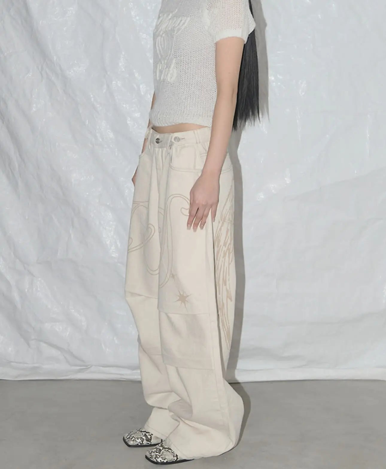 Light Colour Trend Dressing Up Korean Style Simple Baggy Angel Printed Jeans Necessary Solid Retro Straight Pants