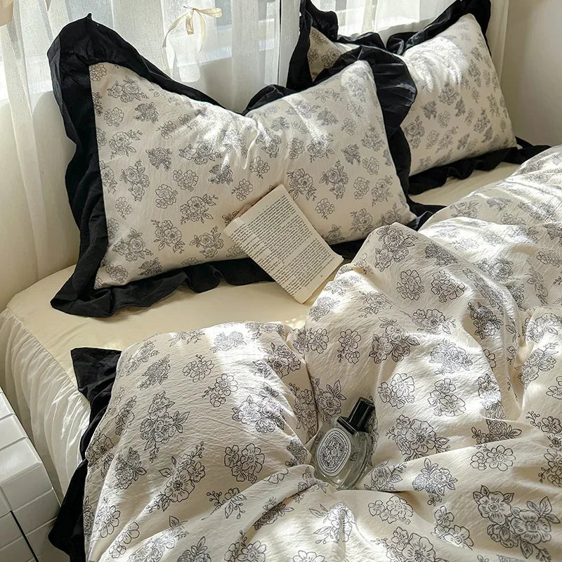 1.5/1.8 Korean Style 100% Cotton Fitted Sheet Sets with Lace Flower Print Bedding Set