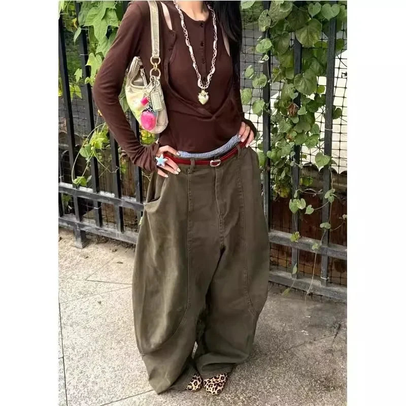 Loose Knife Edge High Waist Straight Leg Denim Jeans American Retro Silhouette Long Trousers