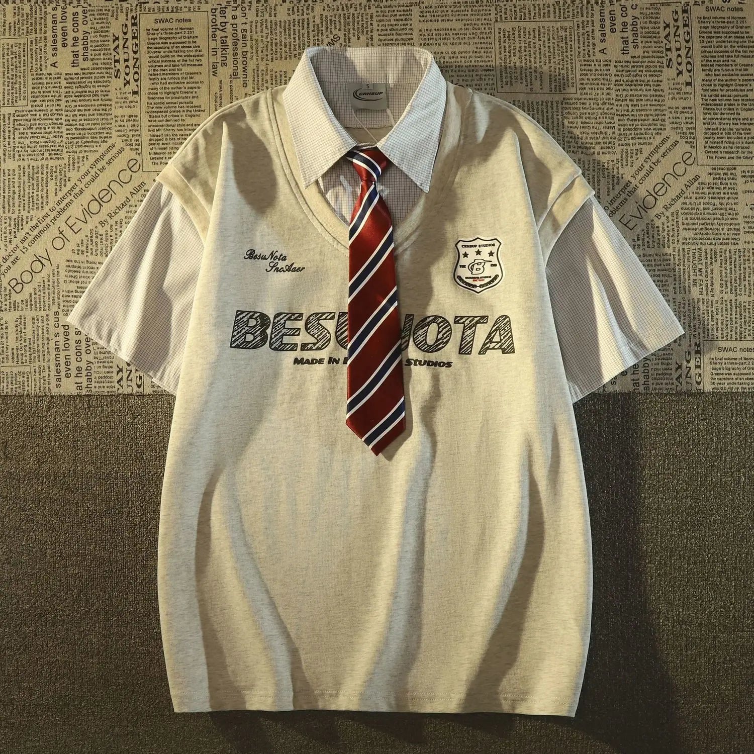 Cotton POLO Collar T Shirts American Oversize Baggy Short Sleeve Patchwork Pullover with Tie Student Clothes