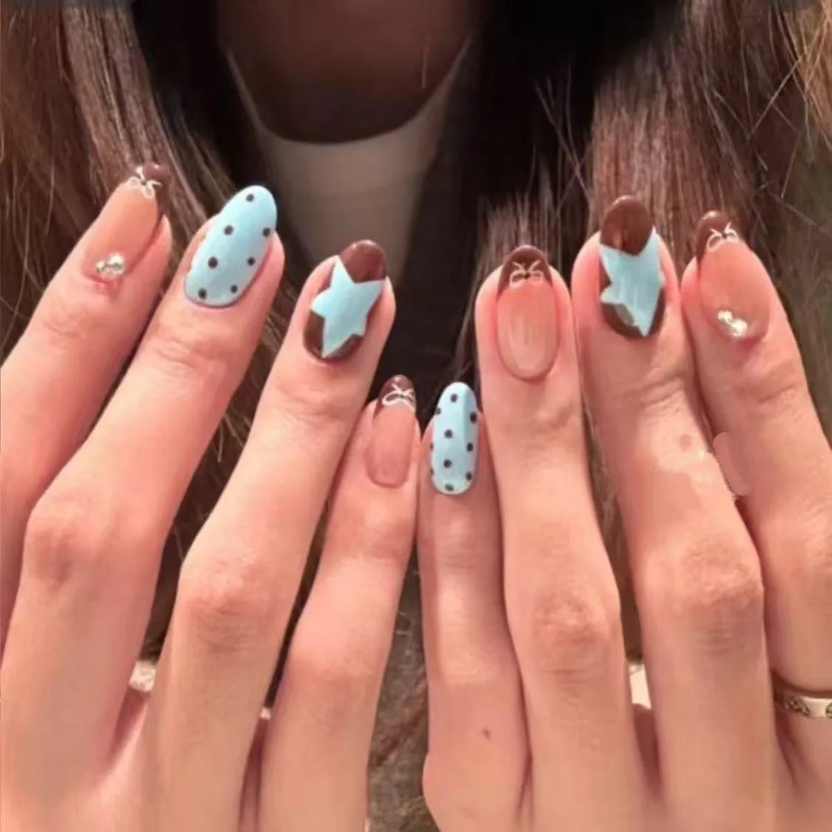 10pcs Handmade French Short Press On Nails Blue Brown Polka Dot Bow Star Design Fake Nail Wearable Nail Art Tips