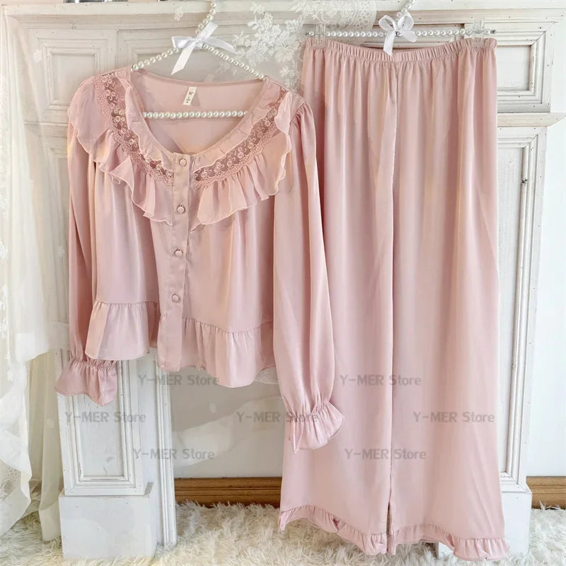 Japanese Sleepwear Pajamas Long Sleeve Pajamas Set Ladies Satin Cute Home Clothes Two Piece Set