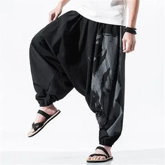 Hip Hop Style Loose Fit Low Waist Cotton Linen Special Cropped Pants Japanese Style Baggy Pants