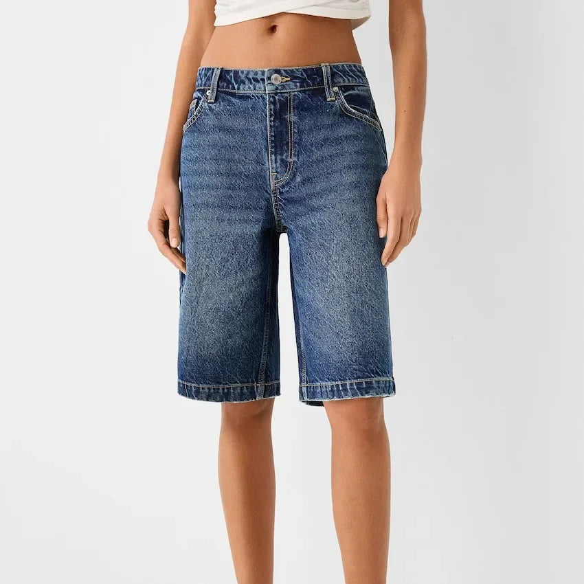 Y2k Knee Length Denim Shorts High Waist Baggy Jean Shorts Bermuda Shorts Straight Leg Carpenter Shorts