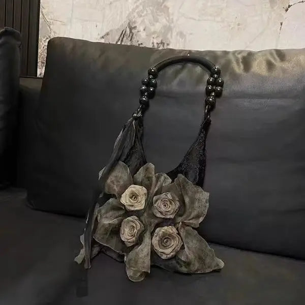 Chinese Style Rose Decor Shoulder Bags Commuter Tote Bags Classic Pleated Handbags Underarm Bags