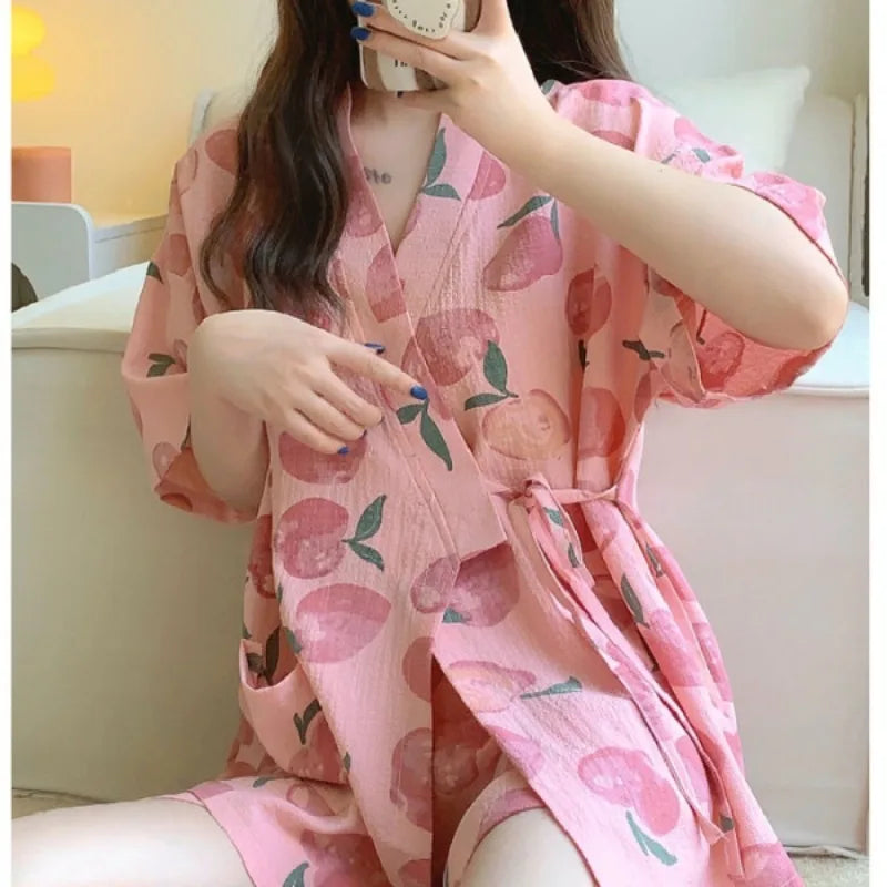 Nightwear Loungewear Kimono Pajamas Student Short Sleeves Shorts Peach Print Tops