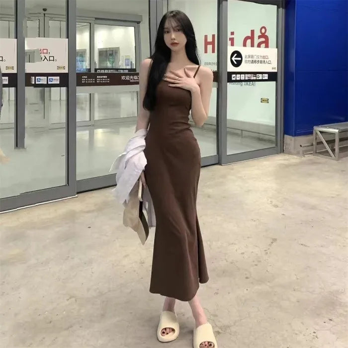 Elastic Tank Dress Sleeveless Off-The-Shoulder Waist-Fitted Slimming Long Dress Off-Shoulder Base Layer