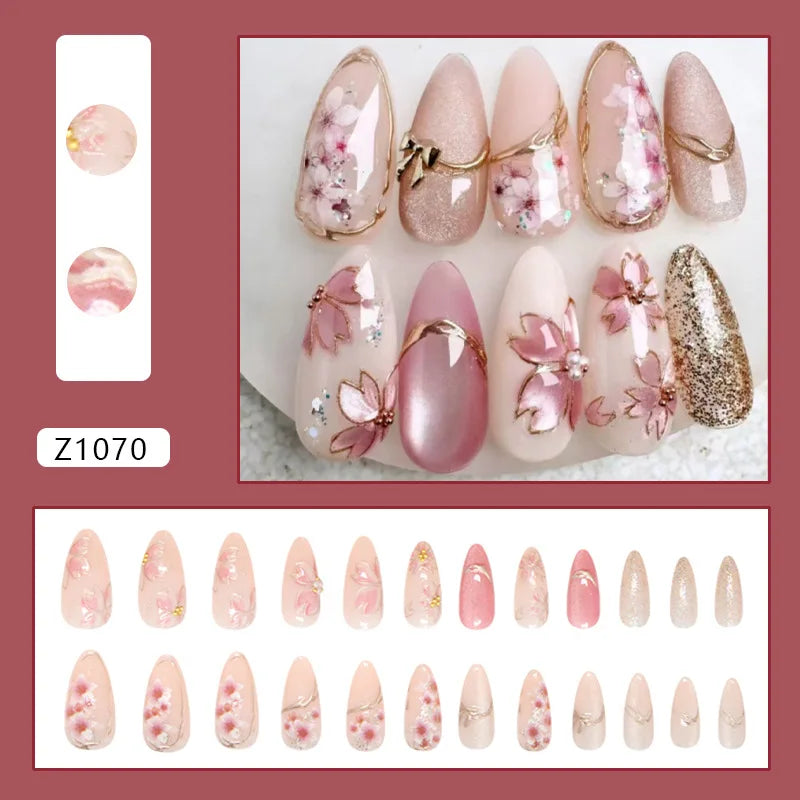 24pcs False Nails Glossy Green Almond Fake Nail Tips Wearable Detachable Flower Print Press on Nails