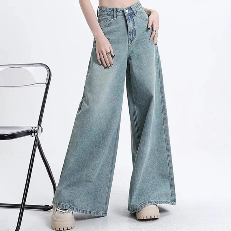 High Waist Korean Slacks Wide Leg Jeans Girls Punk 90s Vintage Denim Straight Leg Pants Light Blue Baggy Trousers