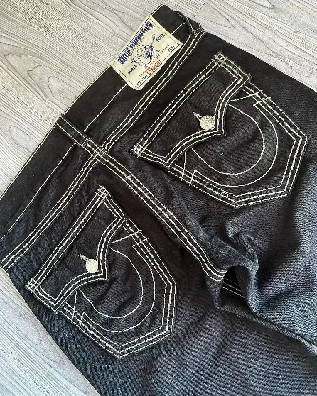 Harajuku Gothic Retro Pocket Embroidered Blue Baggy Jeans Buddha Embroidery Logo Jeans Y2K Low Waist Wide Leg Trousers