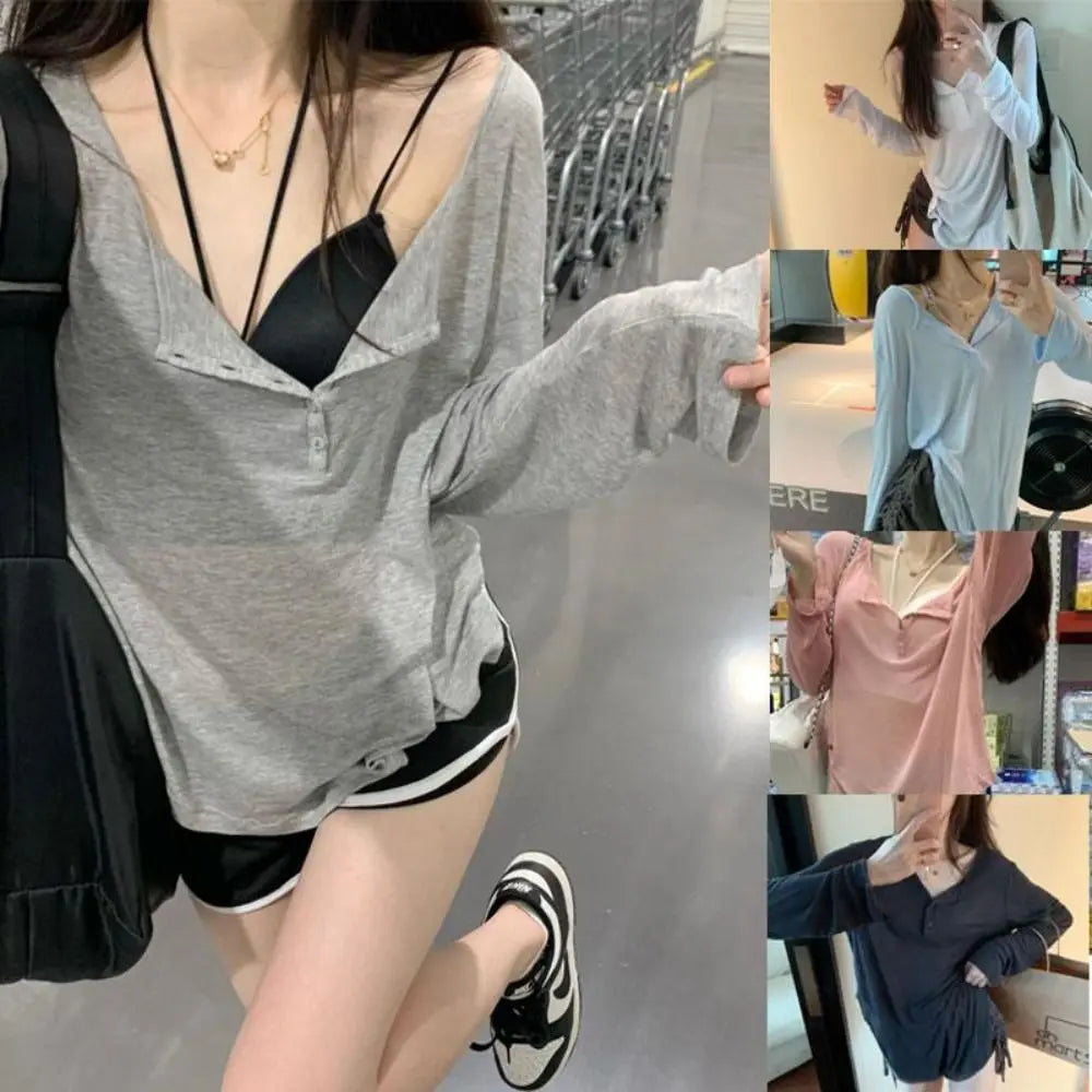 Korean Y2k Tank Top Long Sleeve V Collar Crop Top Button Sun Protection Frock Lady