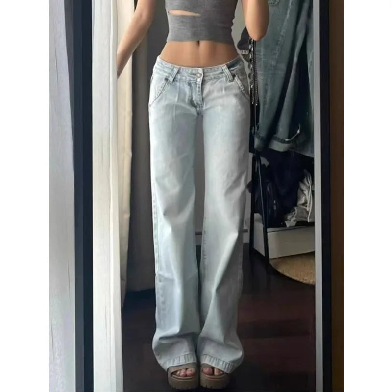 High Waisted Light Colored Wide Leg Jeans Street Style Cool Girl Wide Leg Baggy Pants Casual Thin Denim Trousers