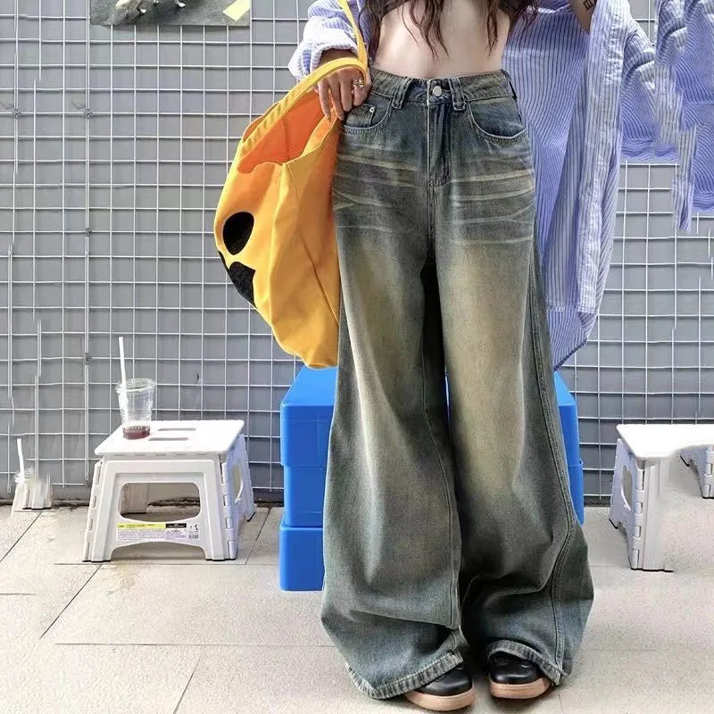 Vintage Chicly Button Jeans American Simple Baggy High Waisted Denim Pants Washed Y2K Wide Leg Jean Trousers