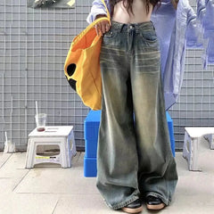 Vintage Chicly Button Jeans American Simple Baggy High Waisted Denim Pants Washed Y2K Wide Leg Jean Trousers