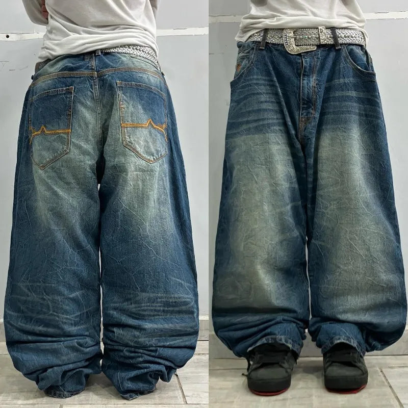 American Oversize Pattern Embroidered Baggy Jeans Y2K Gothic Harajuku Hip Hop Straight High Waist Wide Leg Pants