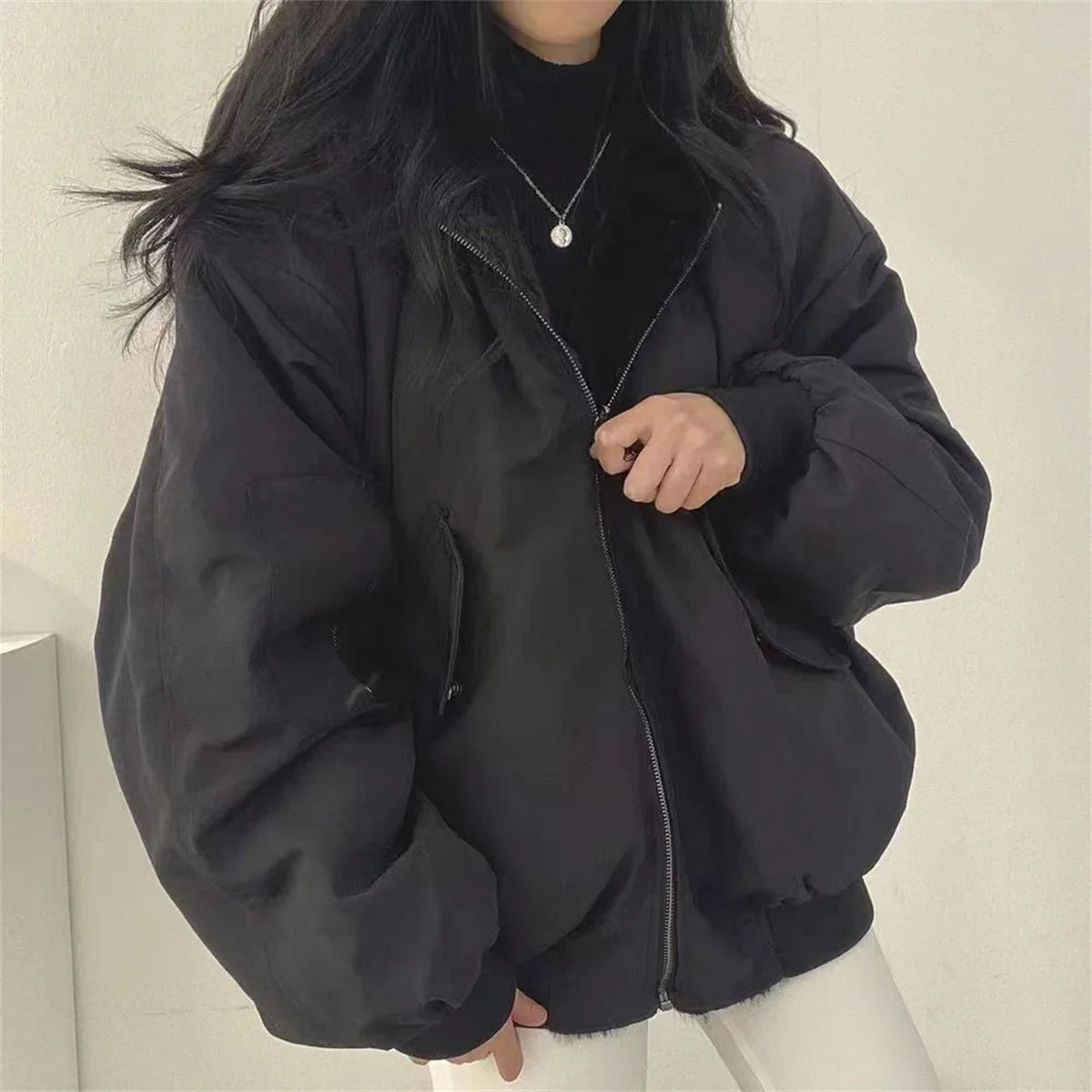 Both Sides Thicken Coat Zipper Hooded Jacket Oversized Elegant Solid Warm Coats Casual Ladies Outerwear