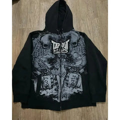 Y2K Tapout Zipper Hooded Sweater Retro Hip-hop Letter Printing Oversized Black Hooded Sweater