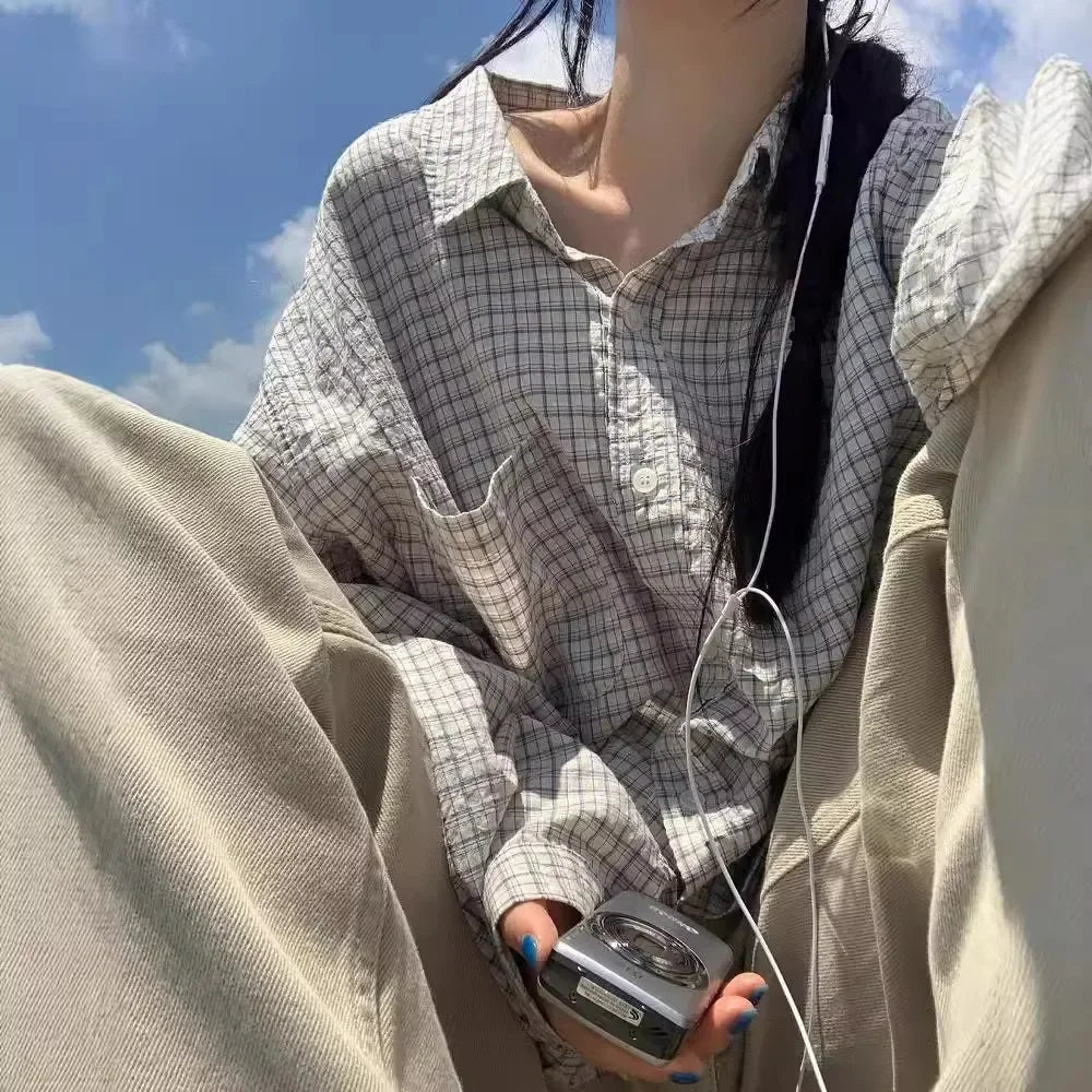 Plaid Sun Protection Shirt Loose-Fit Style Blouse Cotton Fabric HongKong Mainland Origin
