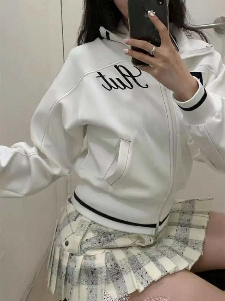 Japanese Subculture Anime Geometric Embroidery Short Jacket Stand Collar Zipper Contrasting Slim