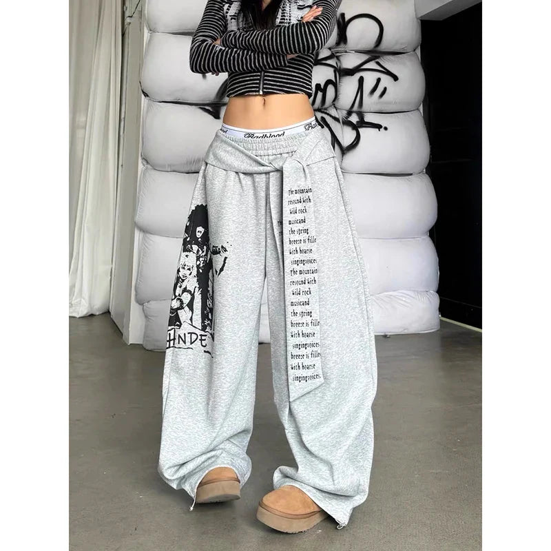 ZHIZOU Gray Gothic Baggy Y2k Letter Print Pants Harajuku 2000s Vintage Oversize Sweatpants Wide Leg Trousers