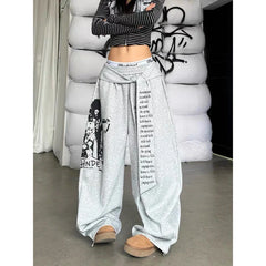 ZHIZOU Gray Gothic Baggy Y2k Letter Print Pants Harajuku 2000s Vintage Oversize Sweatpants Wide Leg Trousers