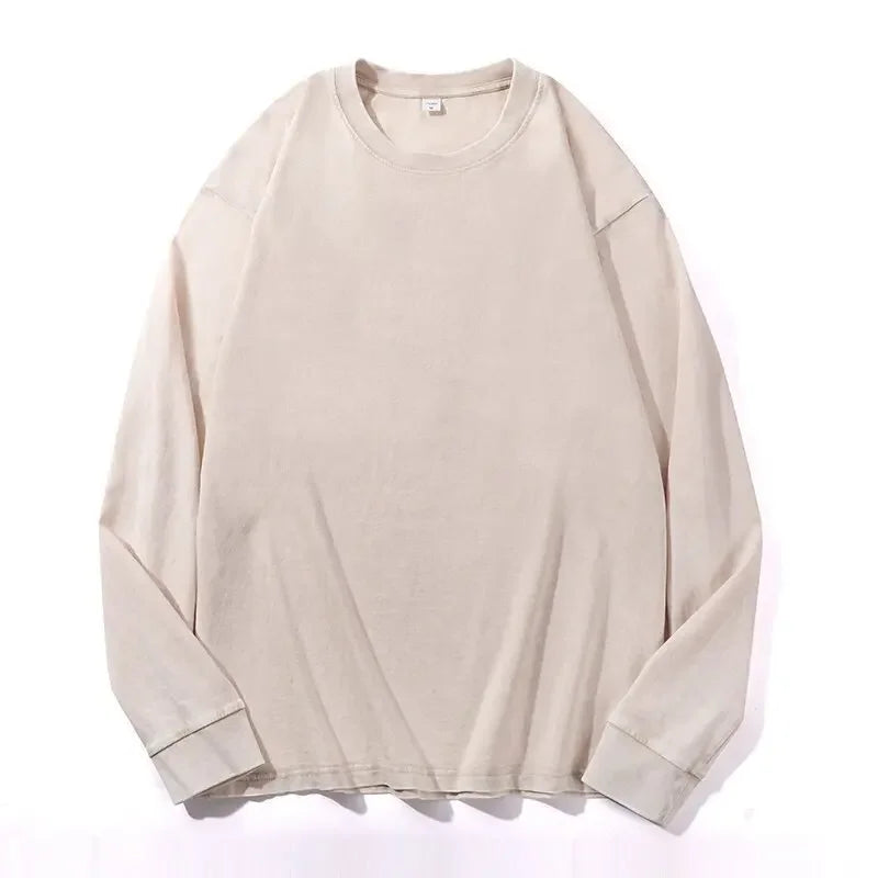 Plus Size Washed Pure Cotton Long Sleeve T-Shirt European Style Oversized round Neck Big Size