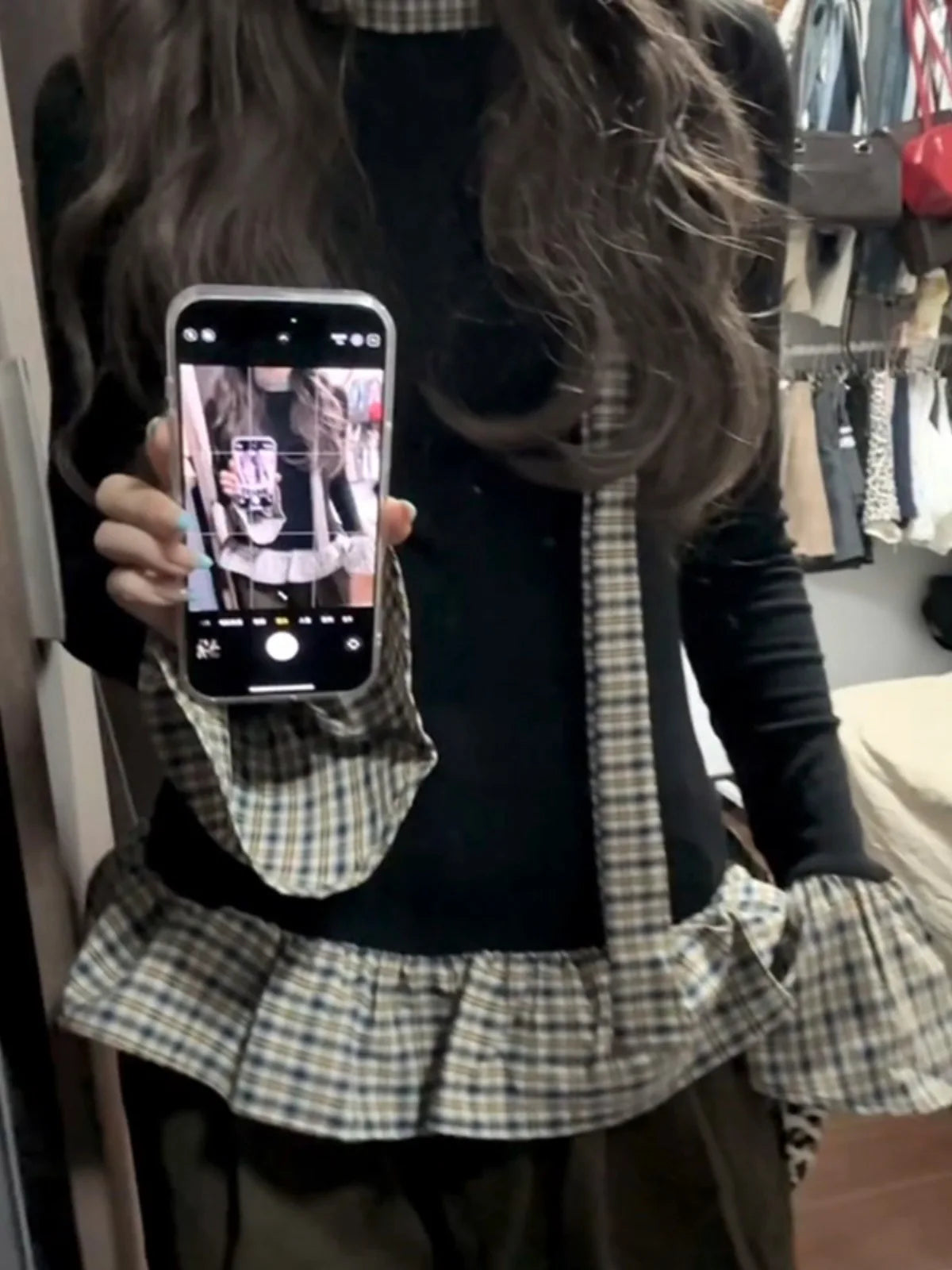 Retro American Style Plaid Long Sleeve T-Shirt Slim Fit Design Sensation Weight Loss Versatile Top Fake Two-Piece