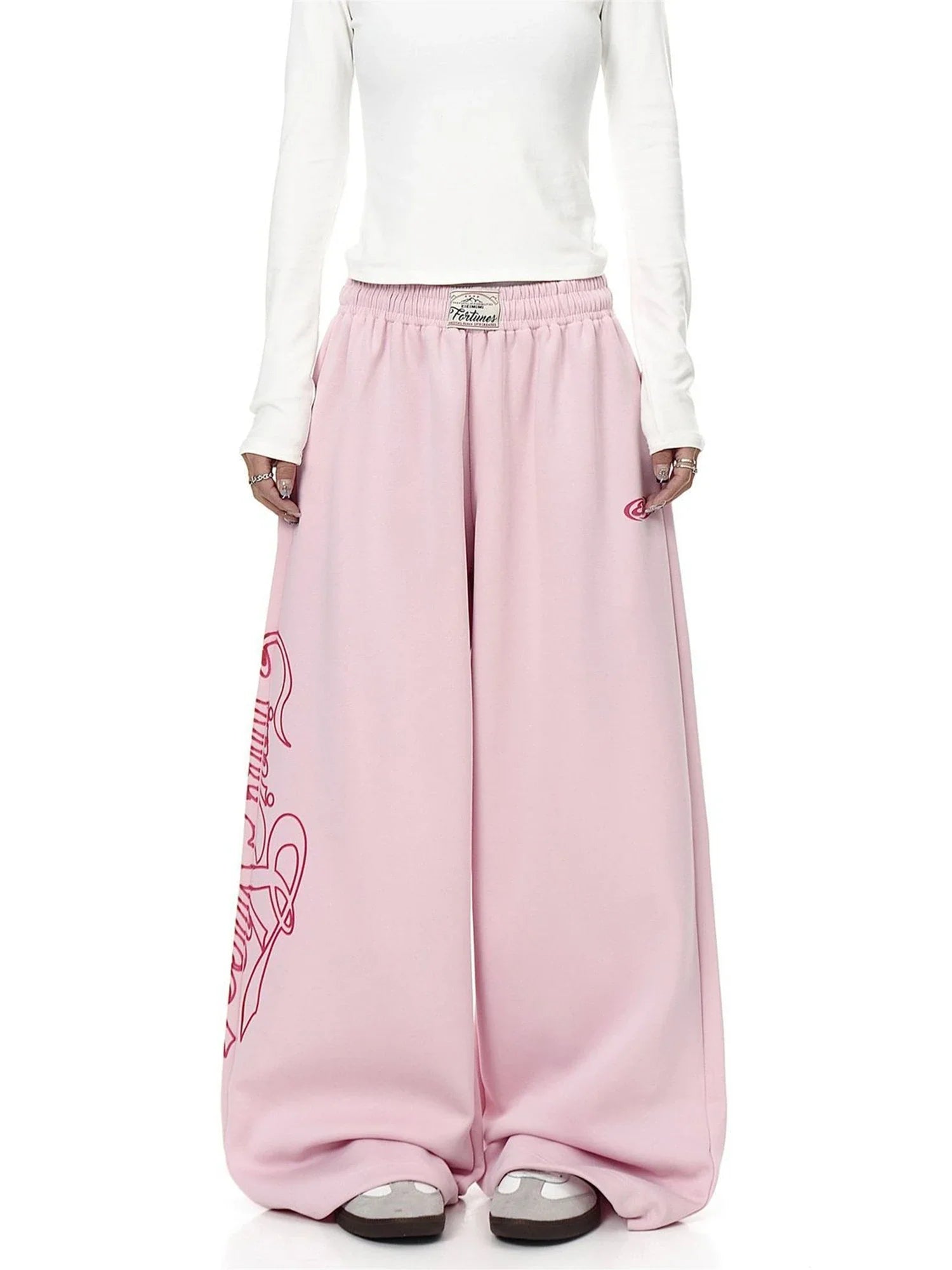Pink Wide Leg Sweatpants Letter Print Drawstring Waist Casual Streetwear Trousers