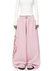 Pink Wide Leg Sweatpants Letter Print Drawstring Waist Casual Streetwear Trousers