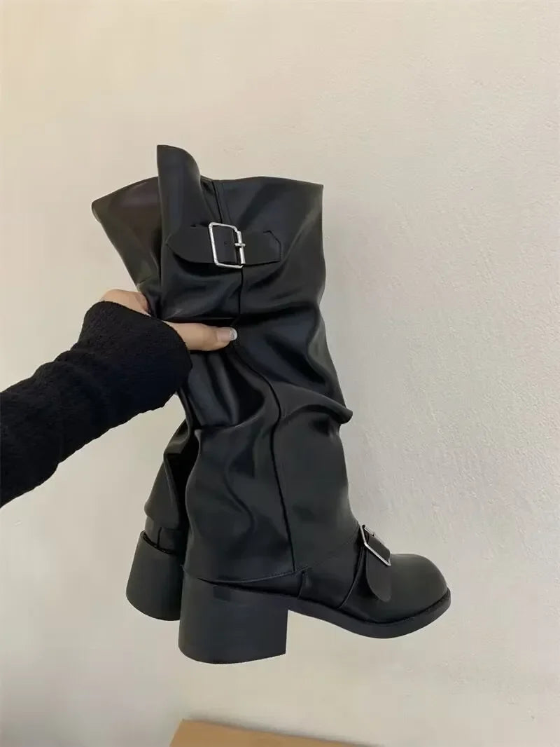 Boots Knee High Platform Chunky Heels Trend Punk Gothic Rock Leather Shoes Motorcycle Footwear Q221
