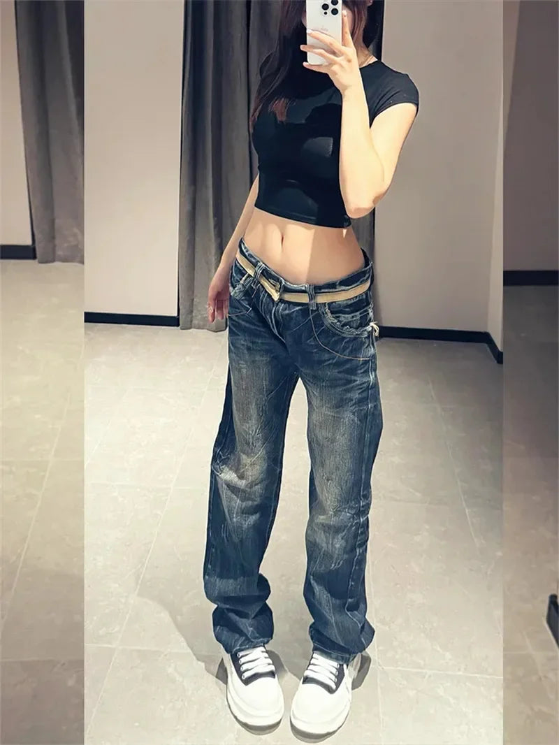 American Personalized Gold Wing Embroidered Jeans Children's Girl Design Sense Low Waist Micro Flared Pants