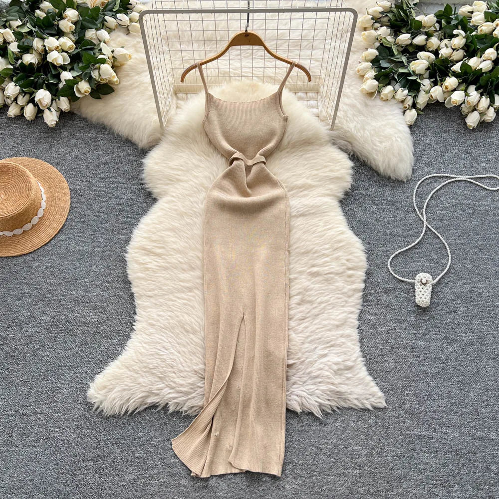 Knitting Split Long Dress Sleeveless Sequins Diamonds With Sashes Skinny Sundress Dress