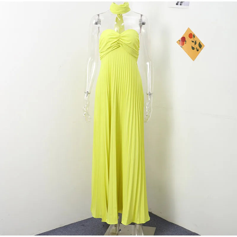 Strapless Ribbon Maxi Dress Elegant Sleeveless Backless Pleated Party Dresses Lady Evening Vestido