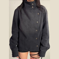 Y2K Harajuku Retro Functional Style Slant Collar Jacket Gothic Stand Collar Easy Jacket Street Black Jacket