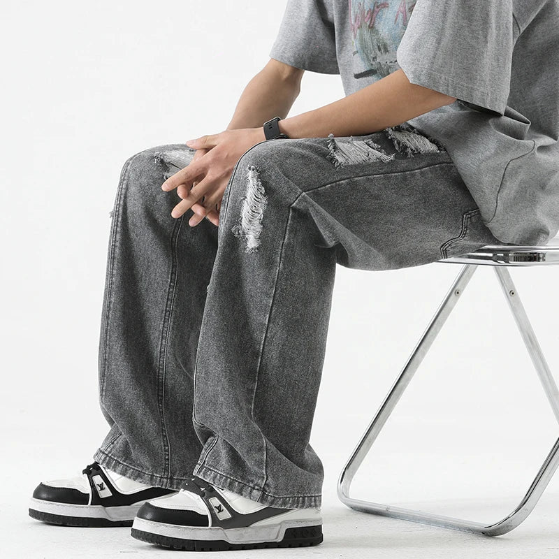 Ripped Jeans Loose Straight Leg Retro Draw Rope Port Brand All-match Casual Pants