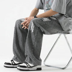 Ripped Jeans Loose Straight Leg Retro Draw Rope Port Brand All-match Casual Pants