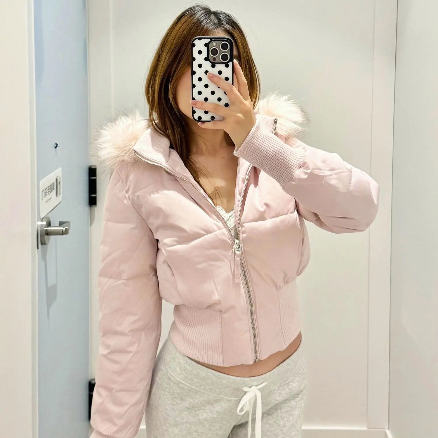 American Retro Pink Fur Collar Hooded Short Cotton Coat High Street Fur Collar Hooded Cotton Coat Jacket Women
